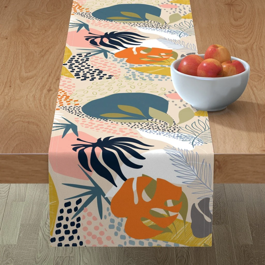 Abstract Jungle Table Runner - Tropical Foliage By Dominique Vari Retro Boho Bohemian Cotton Sateen Spoonflower