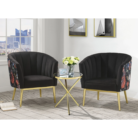 Contemporary Floral Crushed Velvet Fabric Accent Chair with Barrel Backrest and Gold Finish Metal legs