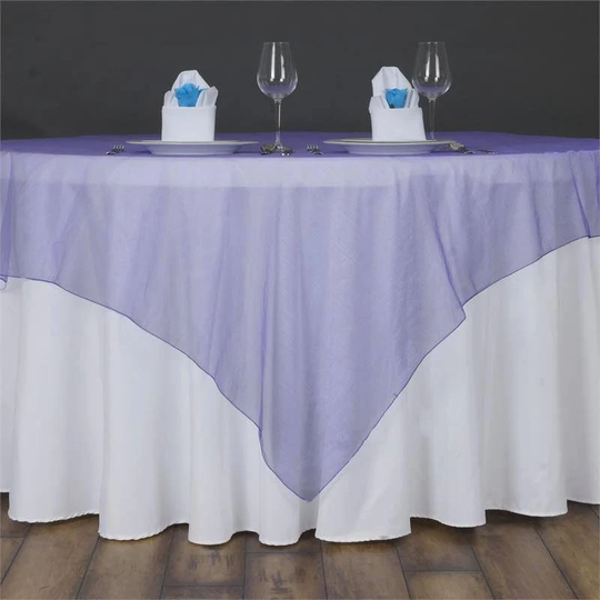 60'' | Purple Square Sheer Organza Table Overlays, Wedding Party Decoration