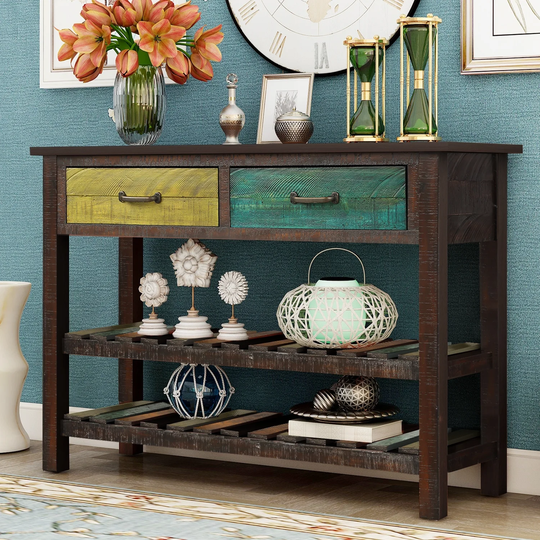 Retro Wooden Console Table with 2 Storage Drawers with Metal Handle and 2 Large Open Slatted Shelves