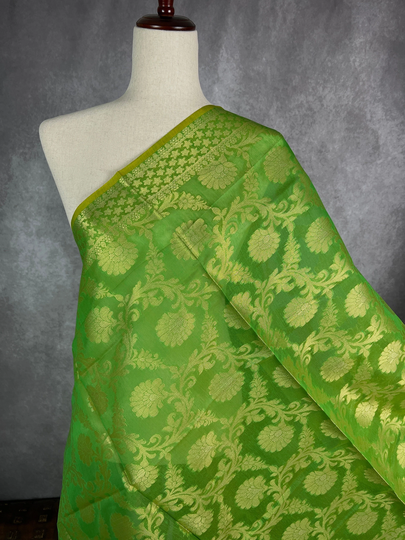 Green Color Benarasi Handwoven Semi Silk Dupatta With Muted Gold Zari Weaving | Stole Scarf Dupattas For Wedding
