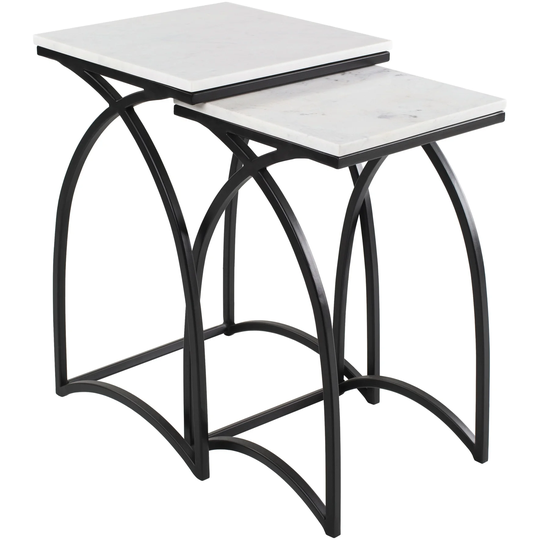 Set of 2 White and Black Square Marble Nesting Tables 22"