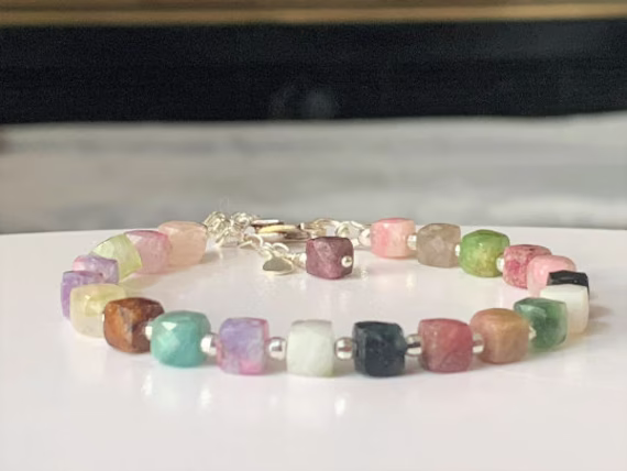 Tourmaline Gemstone Bracelet, Minimalist Dainty Sterling Silver, October Birthstone, Natural Bead Bracelet