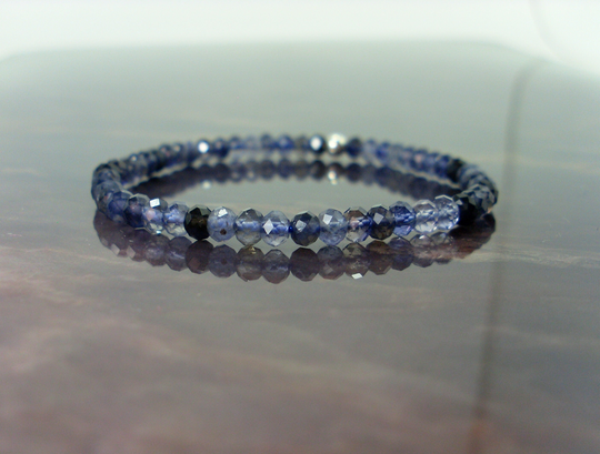 Dainty Iolite Cordierite Faceted Bracelet 4mm + Sterling Silver Bead, Natural Gemstone Bracelet, Stretch Beaded For Women +Gift Bag