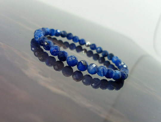 Dainty Blue Kyanite Faceted Bracelet 6mm + Sterling Silver Bead, Natural Gemstone Bracelet, Stretch Beaded For Women Girl +Gift Box