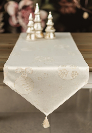 Christmas Table Runner Campanas With Gold Tassels, Festive Golden Snowflakes On White Background, Gift For Mom, Her