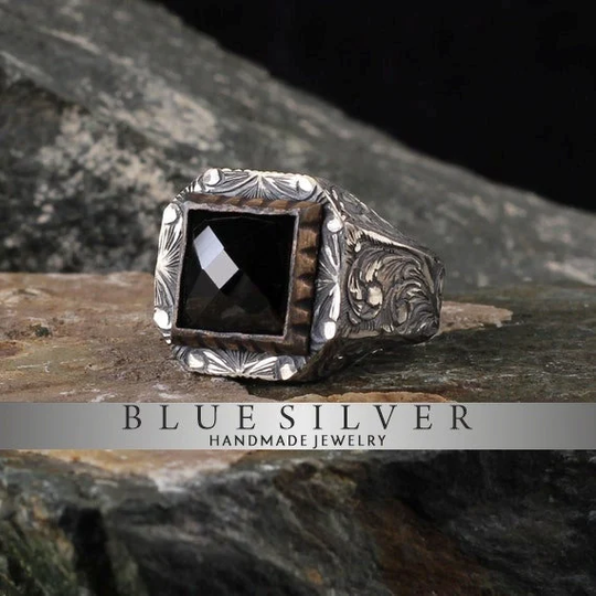 Silver Men Rings, Black Onyx Edge Pencil Carved Handmade, Gem Stone, 925K Mens Ring, Handmade Jewelry Gift For Him