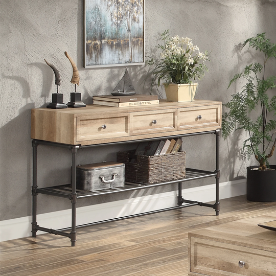 Aoolive Wooden Sofa Table Console Table in Oak & Sandy Black Finish