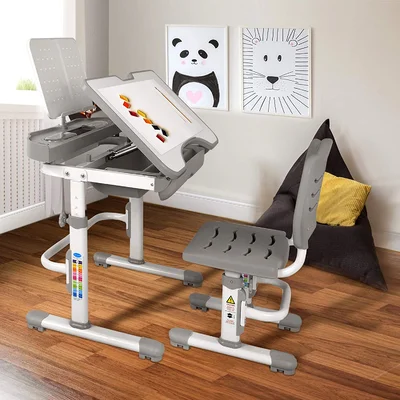 Kids Desk And Chair Set Height Adjustable, Children Student Sturdy Table Wood Grain Surface Tabletop With Book Shelf/sliding Drawer Storage, Grey
