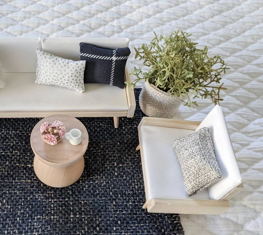Modern Dollhouse Sofa With Other Miniature Accessories - Coffee Table, Area Rug, Planter. 112 Scale For Maileg