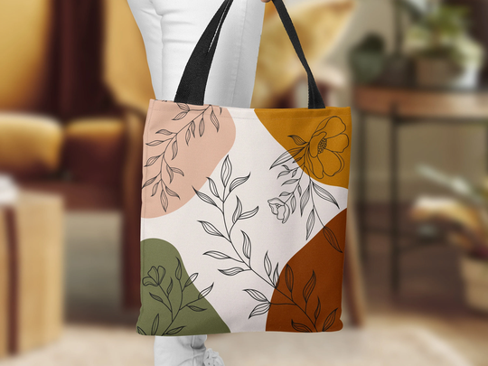 Abtract Geometric Tote Bag, Floral Tote Large Boho Abstract Line Art, Personalized Shopping Carryall