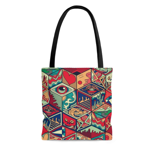 Pop Art Doodle Tote Bag | Hand Drawn Cubist Retro Psychedelic Artwork Reusable For Shopping, Yoga, Books, Or Vinyl Records
