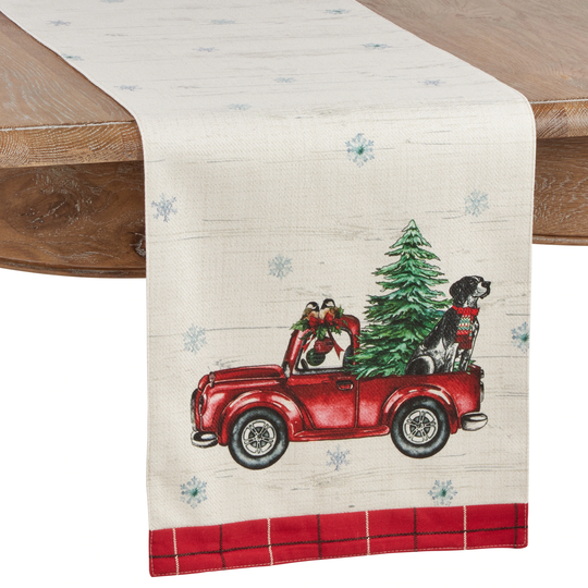Red Christmas Tree Truck Design Table Runner