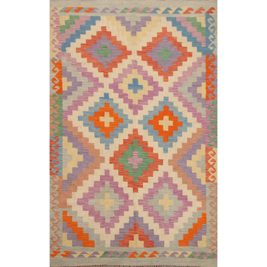 Multi-Color Geometric Kilim Reversible Area Rug Flat-Weave Wool Carpet - 4'9"x 6'11"