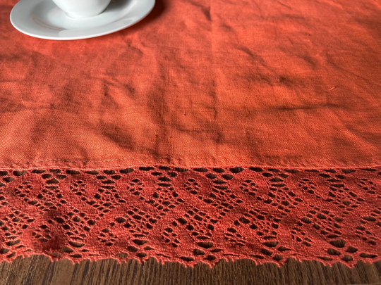 Coral Orange Table Runner With Lace, Bright Topper, Small Tablecloth Crochet Tea Party Decor, Gift For Mom