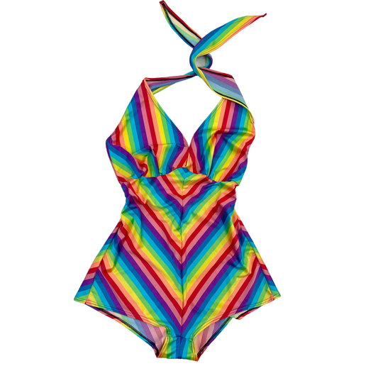 Rainbow Chevron Monroe Style Halter Romper With Boy Cut Leg 1579224