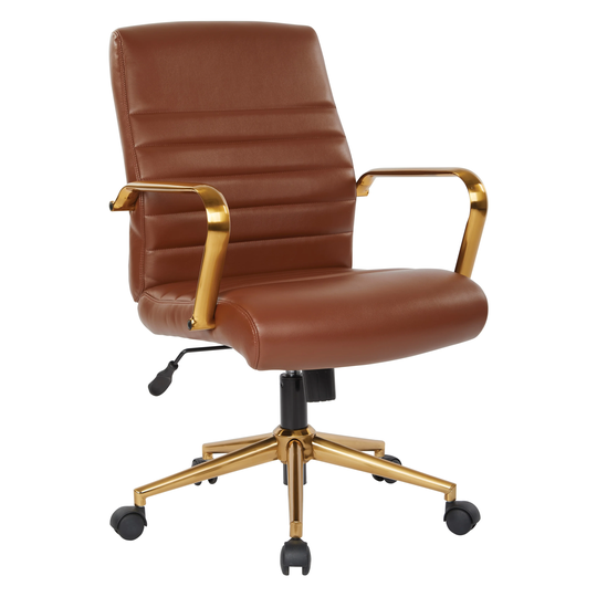 OS Home and Office Furniture Model Mid-Back Saddle Faux Leather Chair with Gold Finish Arms and Base K/D