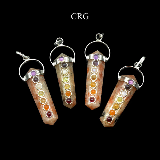 Set Of 4 - Sunstone Thick Pencil Point Pendant with 7 Stone Detail/1.5" Avg