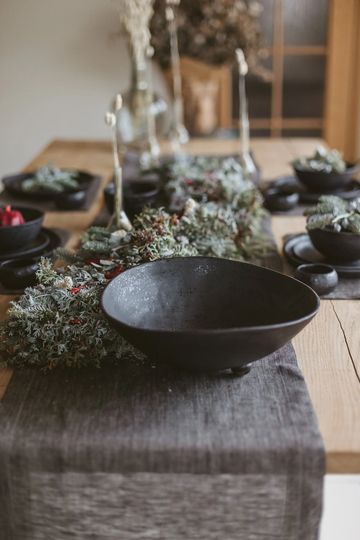 Modern Black Linen Christmas Table Runner For Holidays. Natural Rustic Wedding, Thanksgiving Day, Farmhouse Décor