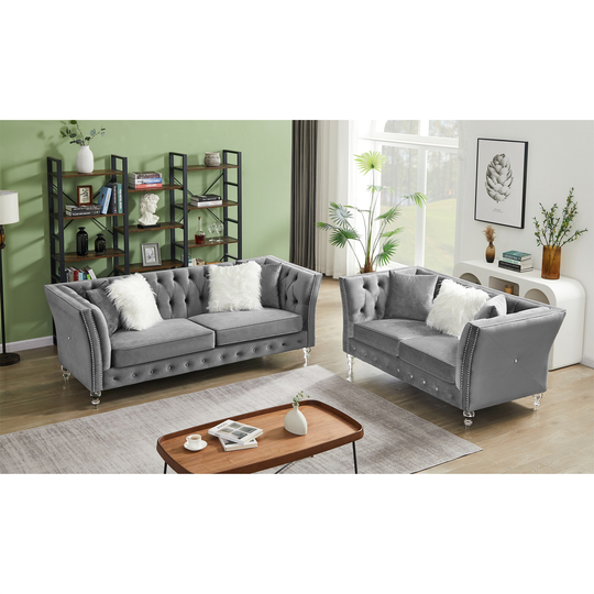 Velvet Sofa Set with Loveseat & 3-seat Sofa Couch for Living Room Grey
