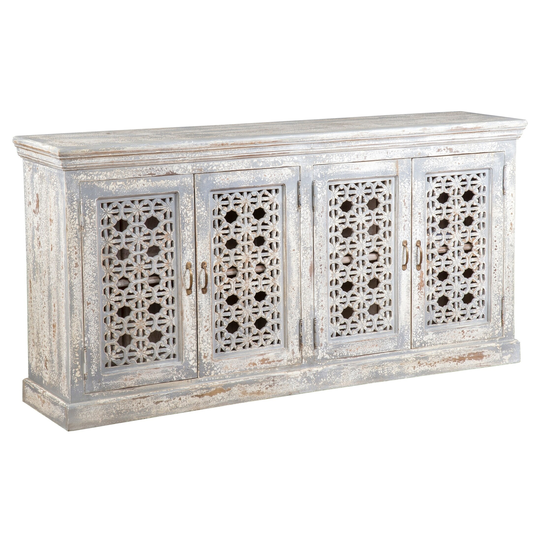 4 Doors and 2 Shelves Hand Carved Wooden Frame Sideboard, Antique White