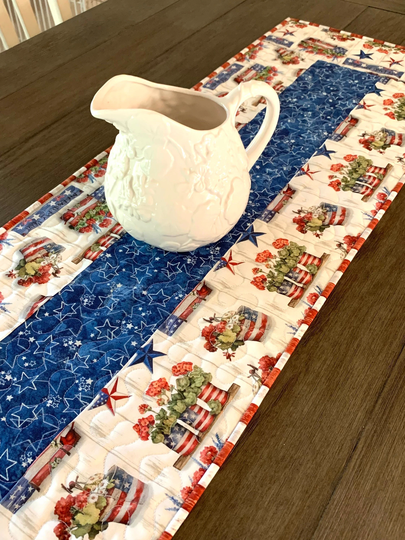 Patriotic Table Runner Quilt, Americana Decor, Red, White, Blue, Memorial Day, 4Th Of July, Independence Handmade