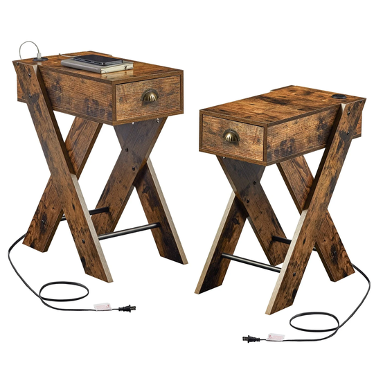 Wooden End Table with Dual USB Charging Ports, Nightstand Sofa Side Table with Drawer (Set of 2)
