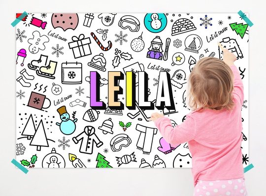 Personalized Coloring Poster For Kids, Banner, 4 Seasons Poster, Large With Name, Winter