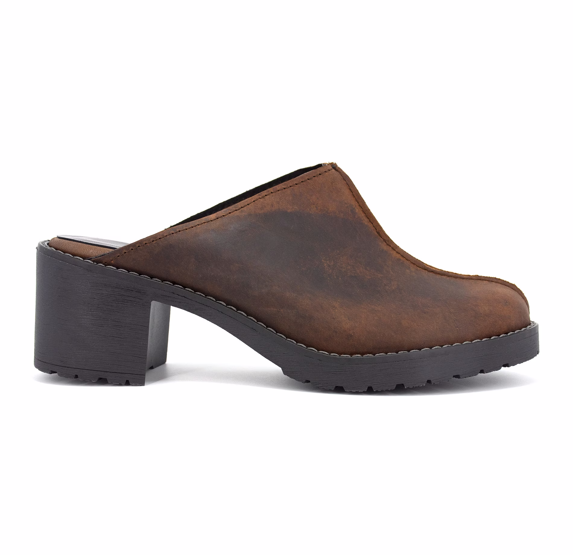 Platform Slides, Brown Mid Heel Clogs, Clog Heels 90S Platform, Clog Slippers, Clog Mules, Brown Antique Leather Mules, Clogs, Moccasin Clogs