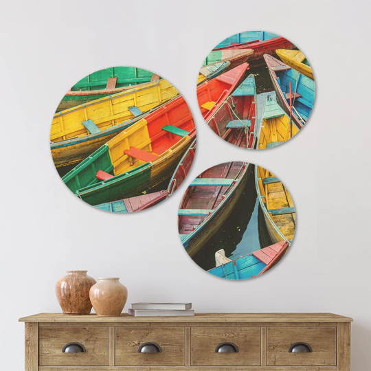 Designart 'Rowing Boats on the Lake in Pokhara' Boat Wood Wall Art Set of 3 Circles - Multi-Color