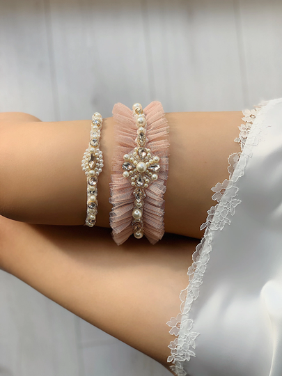 Elegant Rose Gold Tulle Wedding Garters Set With Crystals, Wide Pearl Garter For Bride, Luxury Bohemian Garter, Fancy Bridal