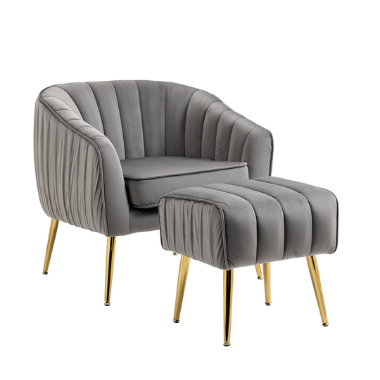 Scallop Edge & Barrel Back Design Modern Barrel Chair Velvet Accent Chair with Ottoman Set