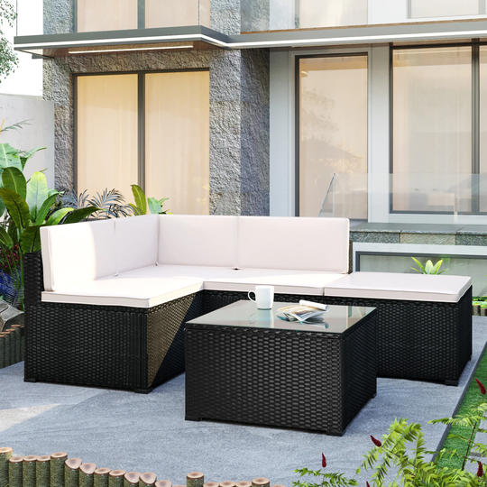 5-Piece Patio Rattan PE Wicker Furniture Corner Sofa Set with 2 Sofa chairs 1 Corner chair 1 Ottoman and 1 Glass Coffee Table