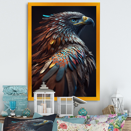 Designart 'Macro Colorful Feather Eagle IV' Animals Framed Art Print
