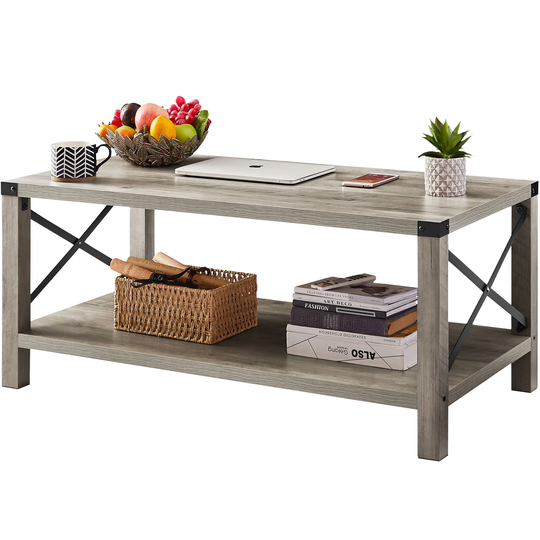 Wood Coffee Table, Farmhouse Rectangle Coffee Table with Storage