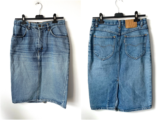 Pencil Blue Denim Skirt/Zip Fly Jean Street Wear Casual Mini Faded - Large