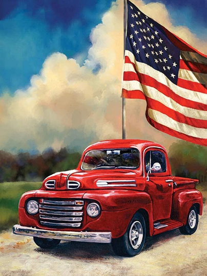 5D Diy My Diamond Art | Classic Car American Flag Painting Kit | New