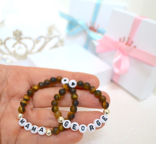Mama & Baby Boy Bracelet, Tiger Eye Gemstone Personalized Shower Gift, Mother Son Mom Gift Boys