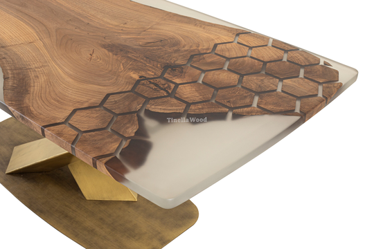 Hexagon Walnut Epoxy Table, Resin Honeycomb Dining Handmade Live Edge Custom Order Table