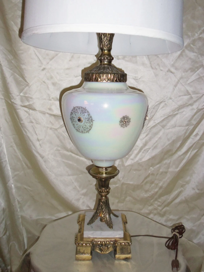 Iridescent Table Lamp W Metal Marble Base, Vintage Hollywood Regency