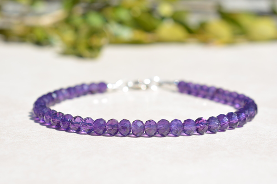 Amethyst February Birthstone Bracelet, Beaded Gemstone Dainty Delicate Women's Silver Jewelry, Mothers Day Gift For Her