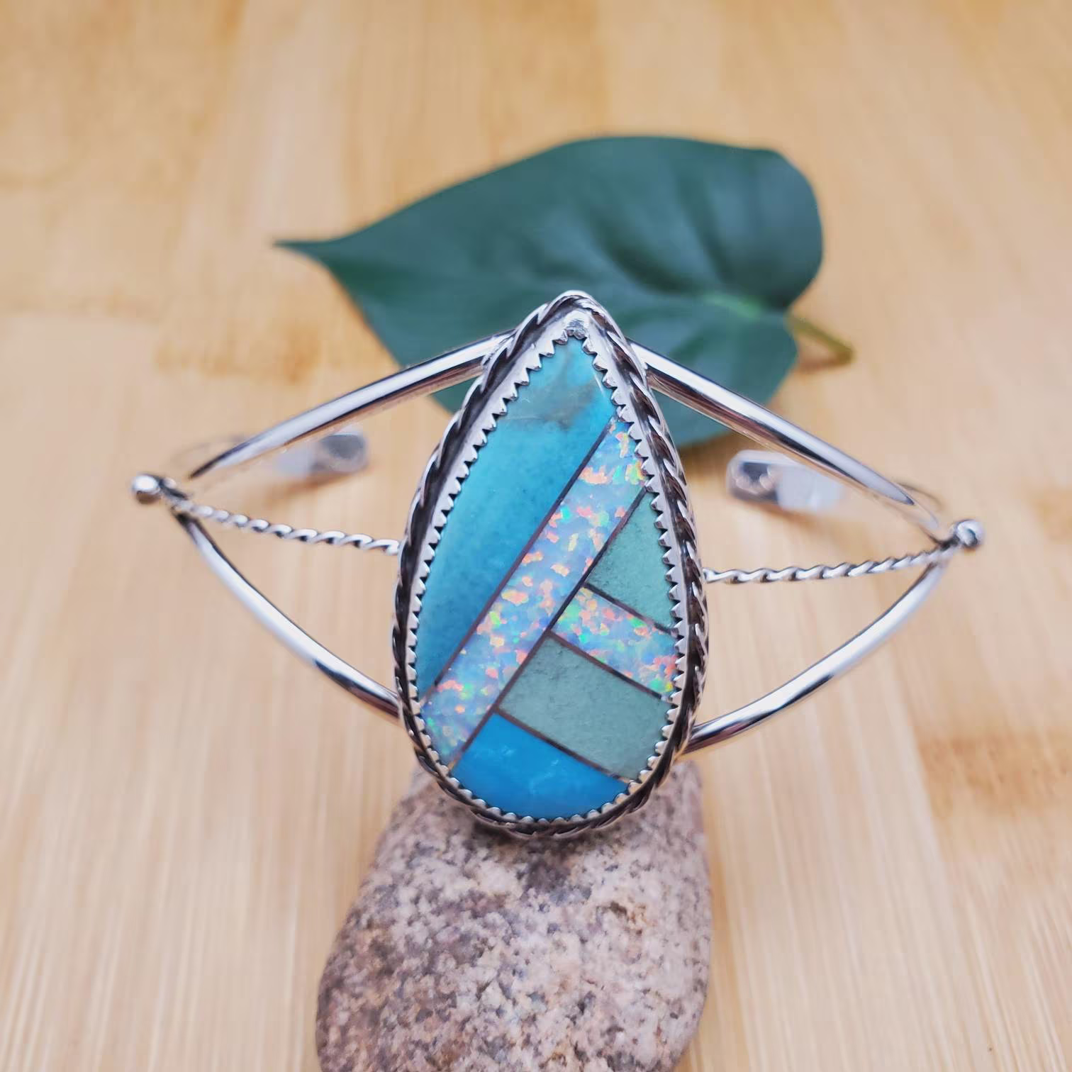 Socute925 Big Teardrop Shape Southwestern Inlay Cuff Bracelet | Sterling Silver White Opal & Turquoise
