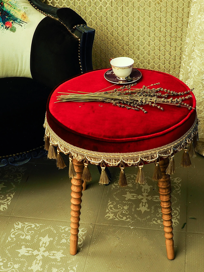 Turkish Dark Red Velvet Fabric Wooden Leg Decorative Pouffe & 2 Free 4545 Pillowcases -Ottoman Chair-Turkish Pouffe-Moraccan Pouf