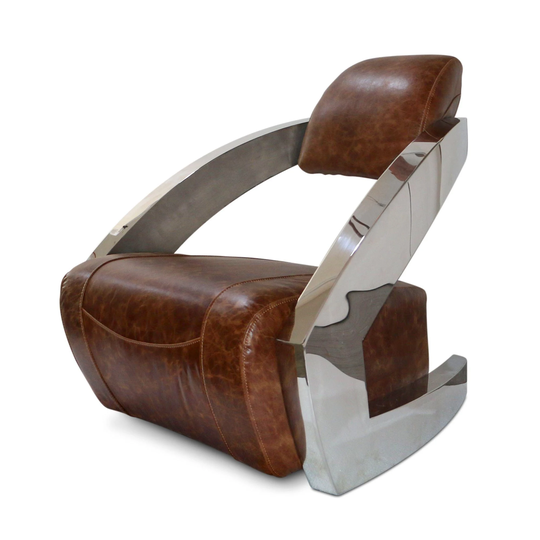 Modern Art Deco Aviator Chair - Polished Chrome Genuine Leather