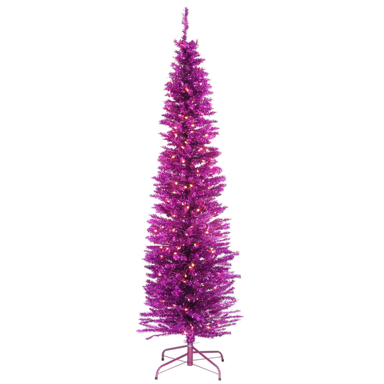 6' Pre-Lit Pencil Pink Tinsel Artificial Christmas Tree - Clear Lights - 6 Foot