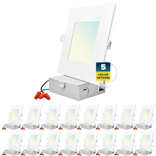 Sunperian 16-Pack 6 inch Square Ultra-Thin LED Recessed Light J-Box 5 Color Options 12W 1000 Lumens Dimmable Wet Rated
