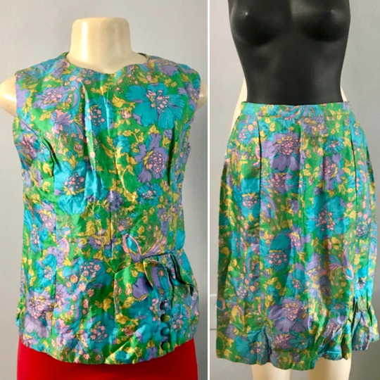 Vintage 1950S Set Of Blouse & Pencil Skirt Size S in Floral Green Purple N Pink 2 Pcs, Women Fashion Set Top Skirt, Midcentury