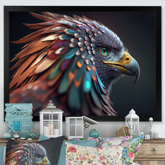 Designart 'Macro Colorful Feather Eagle V' Animals Framed Art Print
