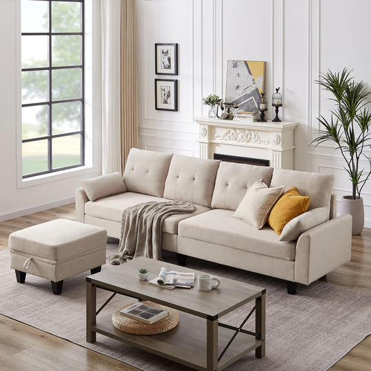 Modern Sectional Sofa Couch L Shaped With Chaise Storage Ottoman and Side Bags For Living Room