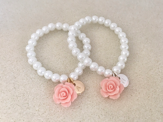 Pink Flower Girl Gift Idea Gold Silver Bracelet Toddler Jewelry Pink White Little